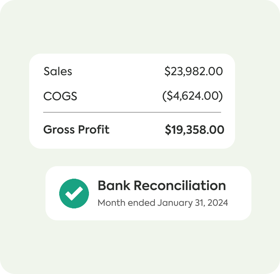 Sales of $23,982.00 less cost of goods sold, giving gross profit of $19,358.00, above a completed bank reconciliation
